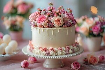 A beautifully decorated wedding cake with pink flowers and white frosting, ready to be served at a celebration. - Powered by Adobe