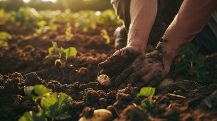 farmer in the field, hands covered in soil as they pull up potatoes from the ground, early morning light.