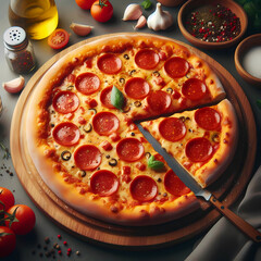 Appetizing Pepperoni Pizza with Vibrant Toppings: Savory Slices on a Wooden Board Surrounded by Fresh Ingredients Against a Rustic Background