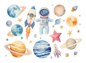 Planets astronaut set watercolor vector space theme element