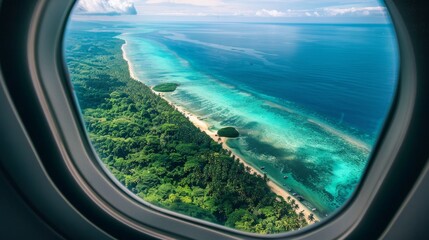 Fototapeta premium Aerial view of tropical paradise from airplane window