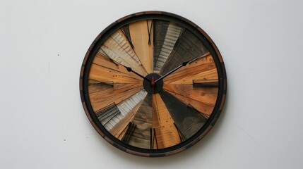 A creative wall clock made from an old bicycle wheel and repurposed wooden slats a functional work of art.