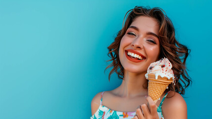 beautiful woman in a summer dress eating an ice cream on a blue background