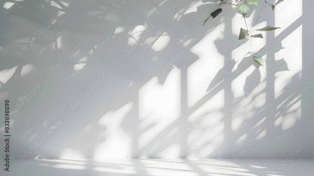Poster beautiful shadow from a window and tree leaves on a white wall. simple minimalistic natural backgrou