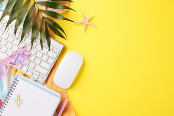 Remote work essentials including a keyboard, notebook, mouse, and sunglasses surrounded by tropical...