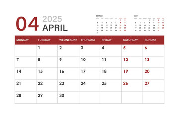 Calendar for April 2025. The week starts on Monday