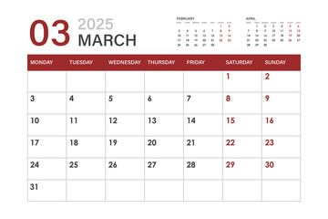 Calendar for March 2025. The week starts on Monday.