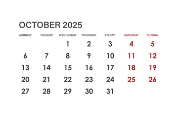 Calendar for October 2025. The week starts on Monday.
