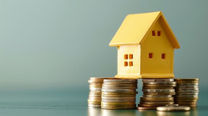 A miniature yellow house model on top of stacked coins representing real estate investment or savings. Suitable for financial articles, real estate promotions, or investment guides. Generated AI