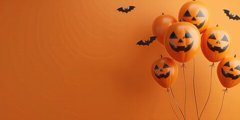 Festive Halloween balloons with jack-o'-lantern faces floating against an orange background. Ideal for party decorations, event promotions, and holiday-themed social media graphics. Generated AI