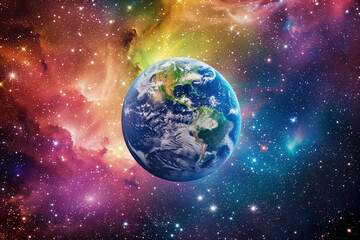 Naklejka premium A striking image featuring Earth as viewed from space, set against a vividly colored nebula and stars, representing the beauty and isolation of our planet within the vast universe