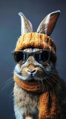 Obraz premium Stylish bunny with sunglasses and knitted hat