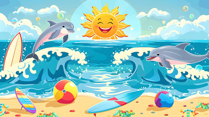 Fototapeta premium Summer vector illustration featuring playful beach background.