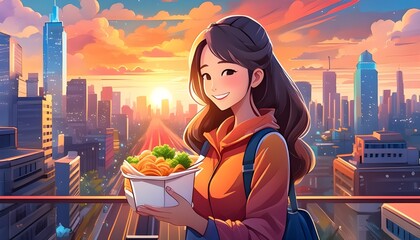 girl enjoying her delivery food with a background of a sunset busy cityscape
