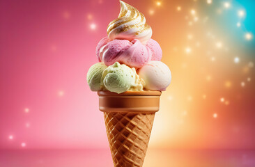 Waffle cone filled with bright ice-cream balls against the sparkling background
