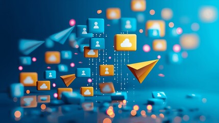 Digital cloud and user icons symbolizing social media, networking, and technology. Ideal for tech and communication themes. Generated AI