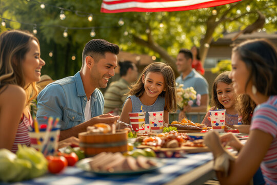Hispanic family and friends enjoy a backyard summer barbecue grill cookout dinner party on 4th of July