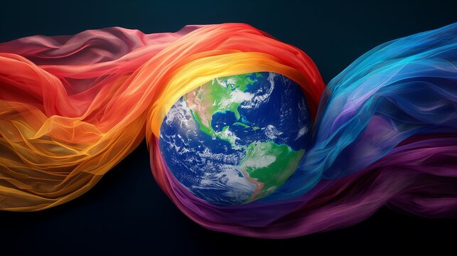 Earth with rainbow fabric symbolizing global LGBT support and inclusivity. Ideal for LGBT pride, diversity, and equality themes. Generated AI