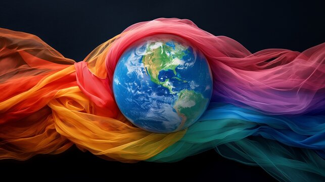 Earth wrapped in rainbow fabric symbolizing global LGBT unity and diversity. Perfect for LGBT pride, equality, and inclusivity themes. Generated AI