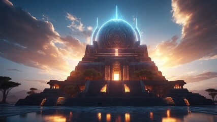 Obraz premium Futuristic city, park, temple, hologram modern technology vibes, cinematic background, sky, wallpaper, desktop, 