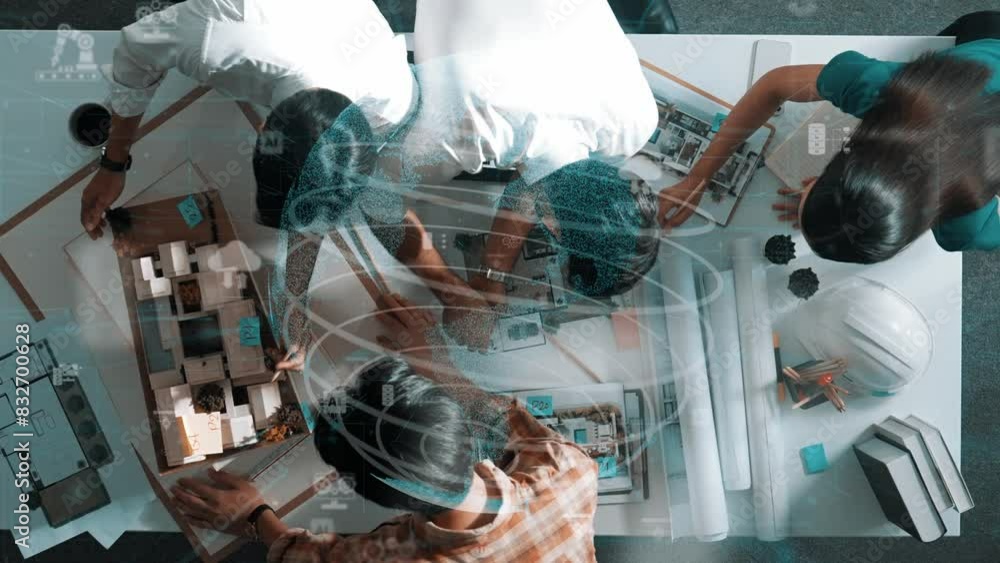 Poster top view of skilled architect engineer working together and shaking hand cooperative team while maki