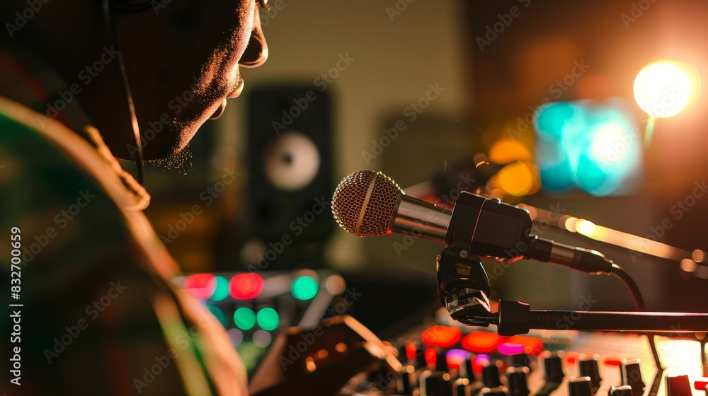 Wall mural Musician working on sound mixing with microphone and audio equipment in a recording studio with colorful lights.