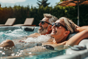 Senior couple relax in a hot tub