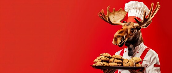 A moose wearing a chefs uniform and hat, holding a tray of freshly baked cookies, set against a solid red background with copy space