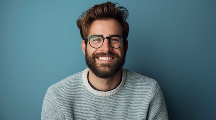 Obraz premium Portrait of a smiling bearded man with glasses, ideal for professional profiles, social media, and lifestyle blogs