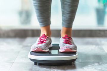 Woman weighs herself on a scale
