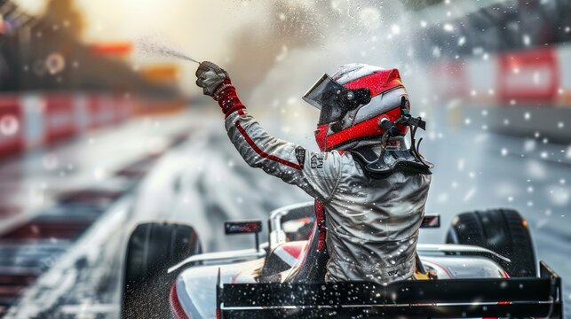 A victorious race car driver celebrating a win, splashing champagne, and cheering on a rainy day at the racetrack.