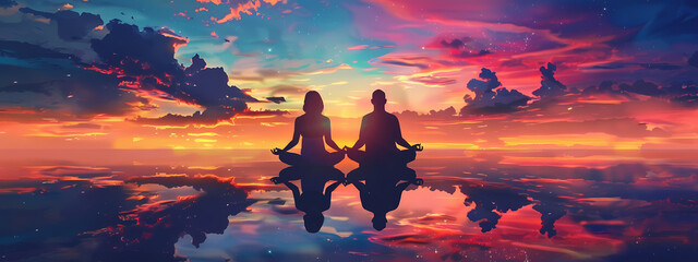 Fototapeta premium Meditating Couple at Sunset