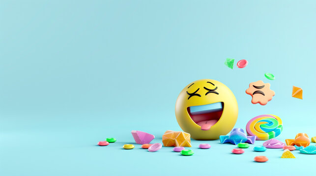 A 3D  of a laughing emoji and a sad emoji as pieces of colorful candy on a solid light blue background, juxtaposing sweetness and sorrow.