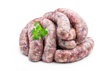 Set of spicy sausages isolated on white background