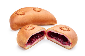 Homemade bun with jam filling isolated on white background