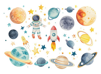Planets astronaut set watercolor vector space theme element