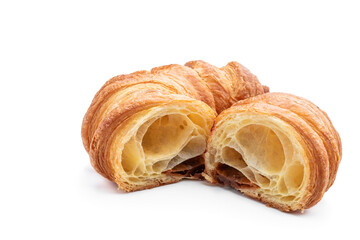 Cross section of traditional french croissant with caramel filling isolated on white background