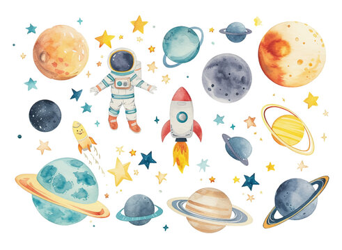 Planets astronaut set watercolor vector space theme element