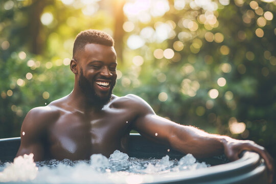 Cold plunge ice bath outdoors in the morning after exercise