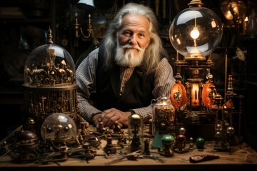 Obraz premium A brilliant and eccentric inventor, crafting ingenious devices and contraptions. - Generative AI