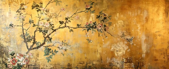 blossom tree With sparrow, finches, butterflies, dragonflies. Seamless pattern, background. Chinoiserie, traditional oriental botanical motif. AI generated illustration
