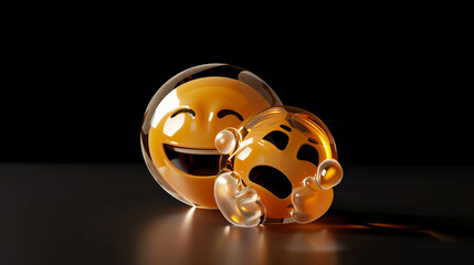 A 3D  of a laughing emoji and a sad emoji as frosted glass sculptures on a solid black background, exploring clarity and opacity.