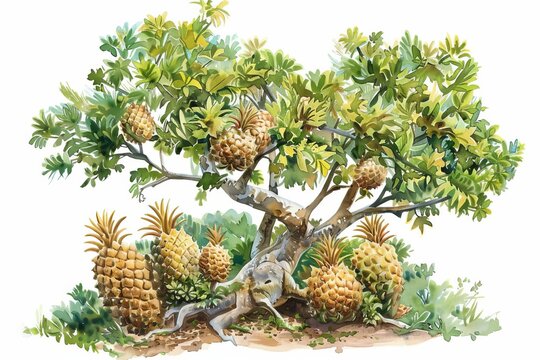 watercolor pineapple tree, green leaves, fruit clip art preview