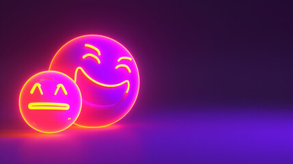 A minimalist 3D illustration of a laughing emoji and a sad emoji, both crafted from glowing neon, on a solid dark purple background.