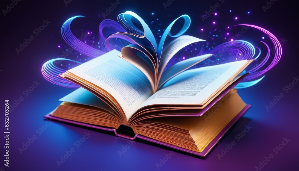 Poster a stunning digital illustration of an open book with pages that seem to glow and swirl with magical 