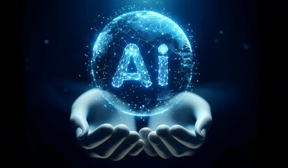Hands Holding a Digital Sphere with AI Text: Symbolizing Artificial Intelligence and Technological Innovation