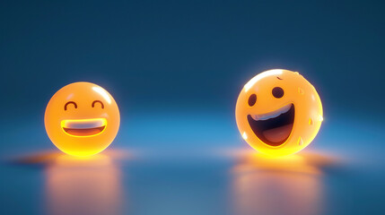 Obraz premium A photorealistic 3D illustration of a laughing emoji and a sad emoji as glowing orbs on a solid midnight blue background, exploring luminosity in emotions.