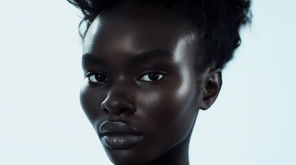 This close-up showcases the beauty and radiance of a woman's glossy skin with a captivating look