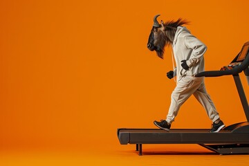 A wildebeest in a sporty tracksuit, jogging on a treadmill, with a solid orange background and copy space