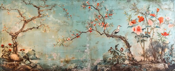 blossom tree With sparrow, finches, butterflies, dragonflies. Seamless pattern, background. Chinoiserie, traditional oriental botanical motif. AI generated illustration